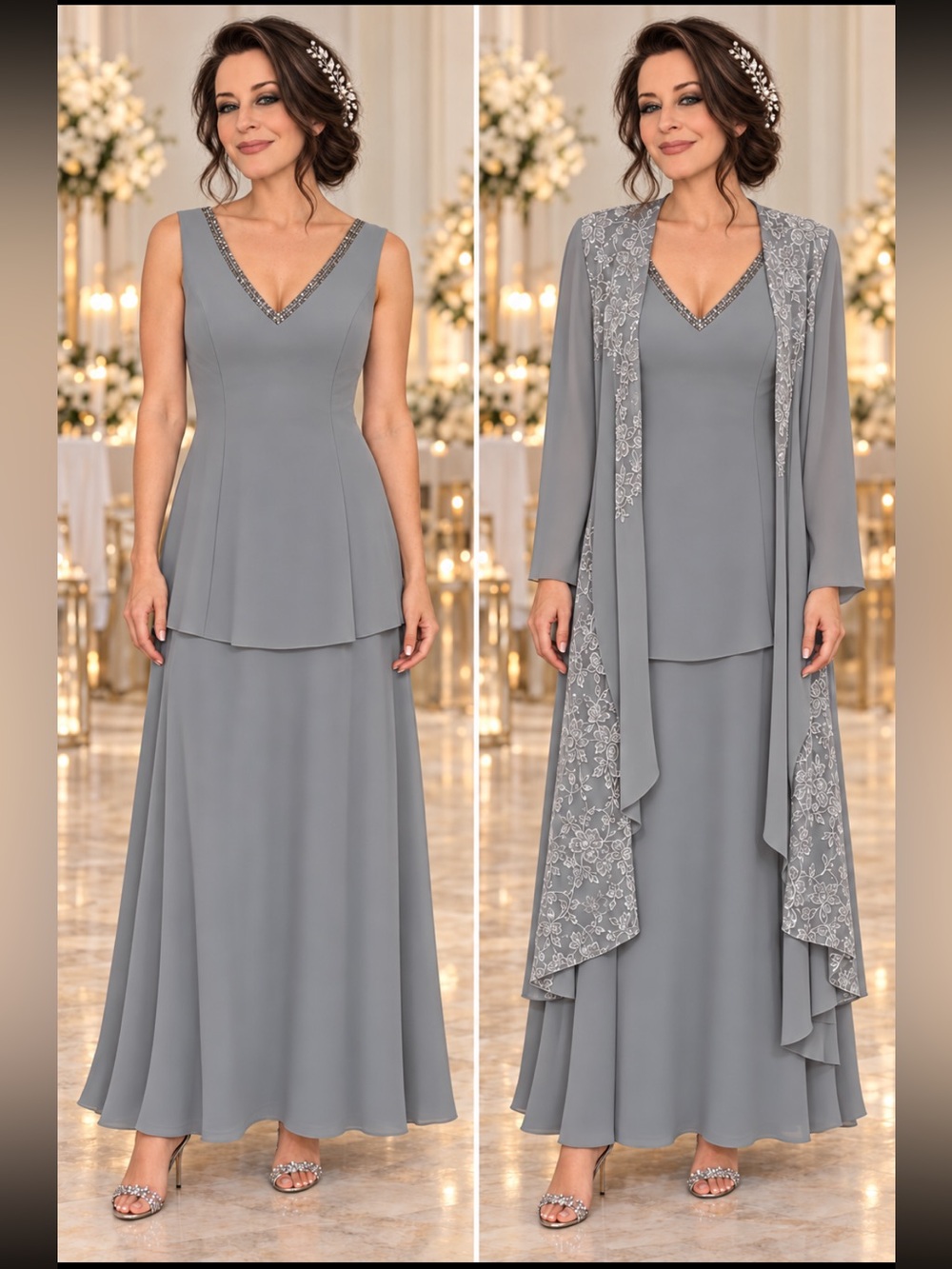 NWT Pewter Gray 2-Piece Mother of the Bride or Event Dress & Lace Duster US 14